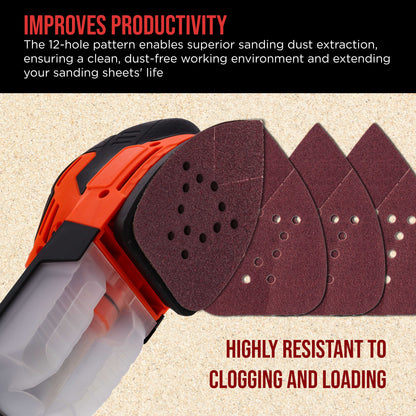 Premium 80 Grit 12-Hole Pattern Mouse Detail Sander Sandpaper Sheets, Box of 45 - Dustless Hook & Loop Triangle Shaped Mouse Disc Pads