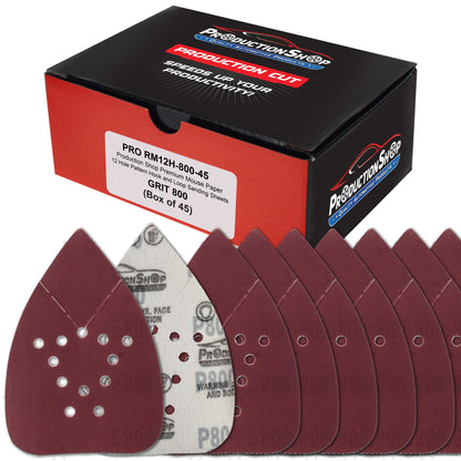 Premium 800 Grit 12-Hole Pattern Mouse Detail Sander Sandpaper Sheets, Box of 45 - Dustless Hook & Loop Triangle Shaped Mouse Disc Pads