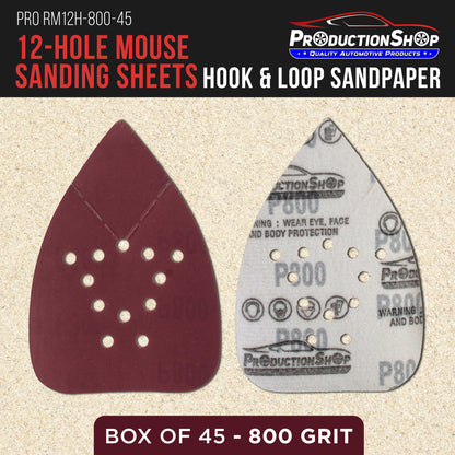 Premium 800 Grit 12-Hole Pattern Mouse Detail Sander Sandpaper Sheets, Box of 45 - Dustless Hook & Loop Triangle Shaped Mouse Disc Pads