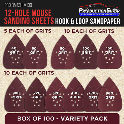 Premium 12-Hole Pattern Mouse Detail Sander Sandpaper Sheets, 100 Disc Variety Pack, Grits 40, 60, 80, 100, 150, 180, 220, 320, 400, 600, 800 - Hook & Loop Disc