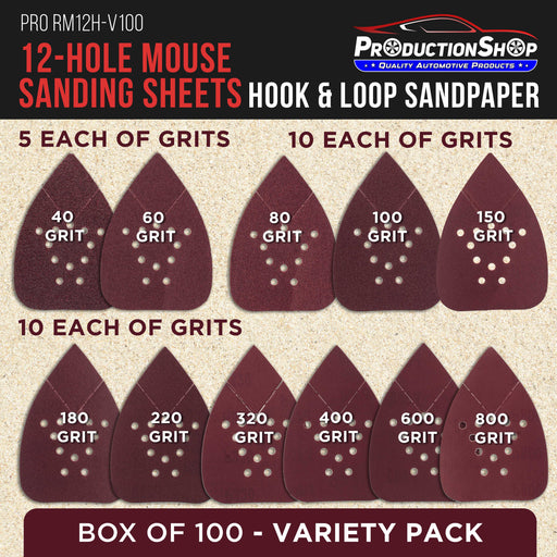 Premium 12-Hole Pattern Mouse Detail Sander Sandpaper Sheets, 100 Disc Variety Pack, Grits 40, 60, 80, 100, 150, 180, 220, 320, 400, 600, 800 - Hook & Loop Disc - Fits Black and Decker