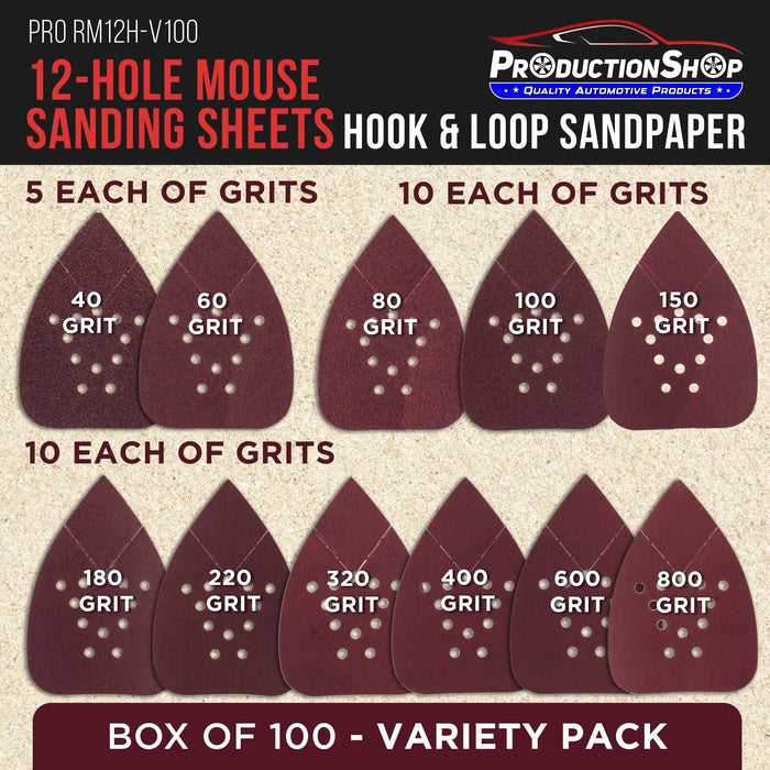 Premium 12-Hole Pattern Mouse Detail Sander Sandpaper Sheets, 100 Disc Variety Pack, Grits 40, 60, 80, 100, 150, 180, 220, 320, 400, 600, 800 - Hook & Loop Disc - Fits Black and Decker