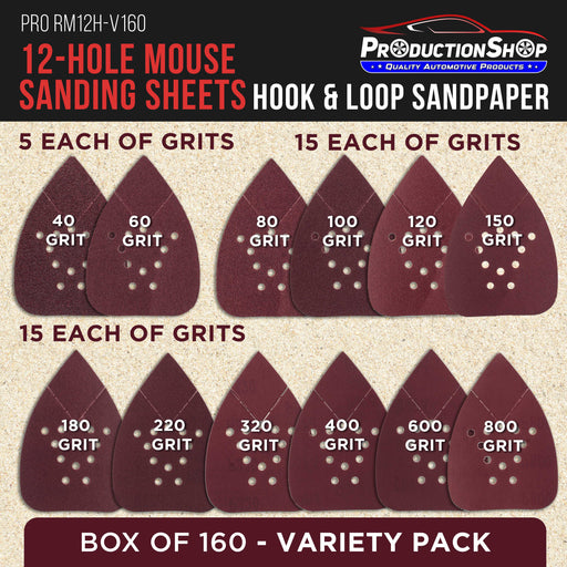 Premium 12-Hole Pattern Mouse Detail Sander Sandpaper Sheets, 160 Disc Variety Pack, Grits 40, 60, 80, 100, 120, 150, 180, 220, 320, 400, 600, 800 - Hook & Loop - Fits Black and Decker