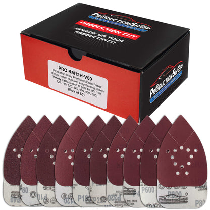 Premium 12-Hole Pattern Mouse Detail Sander Sandpaper Sheets, 50 Disc Variety Pack, Grits 40, 80, 100, 120, 180, 220, 320, 400, 600, 800 - Hook & Loop Disc