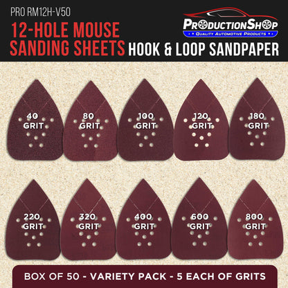 Premium 12-Hole Pattern Mouse Detail Sander Sandpaper Sheets, 50 Disc Variety Pack, Grits 40, 80, 100, 120, 180, 220, 320, 400, 600, 800 - Hook & Loop Disc