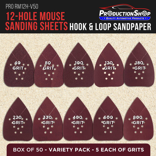 Premium 12-Hole Pattern Mouse Detail Sander Sandpaper Sheets, 50 Disc Variety Pack, Grits 40, 80, 100, 120, 180, 220, 320, 400, 600, 800 - Hook & Loop Disc - Fits Black and Decker