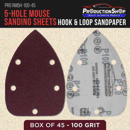 Premium 100 Grit 5-Hole Pattern Mouse Detail Sander Sandpaper Sheets, Box of 45 - Dustless Hook & Loop Triangle Shaped Mouse Disc Pads
