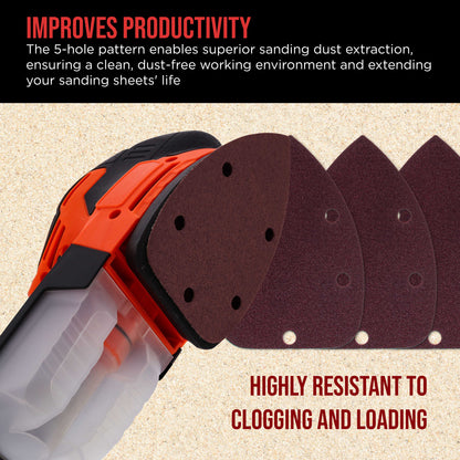 Premium 100 Grit 5-Hole Pattern Mouse Detail Sander Sandpaper Sheets, Box of 45 - Dustless Hook & Loop Triangle Shaped Mouse Disc Pads
