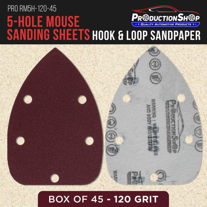 Premium 120 Grit 5-Hole Pattern Mouse Detail Sander Sandpaper Sheets, Box of 45 - Dustless Hook & Loop Triangle Shaped Mouse Disc Pads