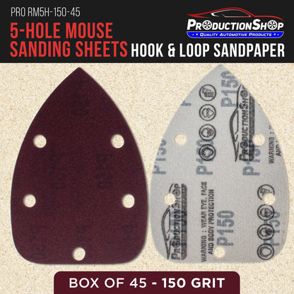 Premium 150 Grit 5-Hole Pattern Mouse Detail Sander Sandpaper Sheets, Box of 45 - Dustless Hook & Loop Triangle Shaped Mouse Disc Pads