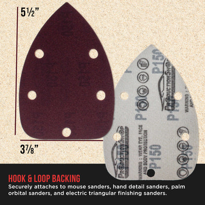 Premium 150 Grit 5-Hole Pattern Mouse Detail Sander Sandpaper Sheets, Box of 45 - Dustless Hook & Loop Triangle Shaped Mouse Disc Pads