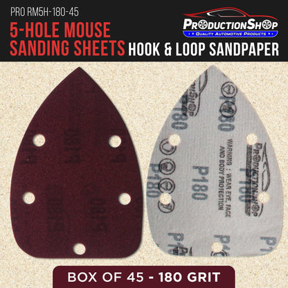 Premium 180 Grit 5-Hole Pattern Mouse Detail Sander Sandpaper Sheets, Box of 45 - Dustless Hook & Loop Triangle Shaped Mouse Disc Pads