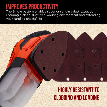 Premium 180 Grit 5-Hole Pattern Mouse Detail Sander Sandpaper Sheets, Box of 45 - Dustless Hook & Loop Triangle Shaped Mouse Disc Pads