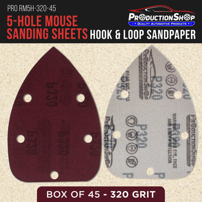 Premium 320 Grit 5-Hole Pattern Mouse Detail Sander Sandpaper Sheets, Box of 45 - Dustless Hook & Loop Triangle Shaped Mouse Disc Pads