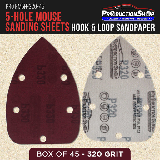 Premium 320 Grit 5-Hole Pattern Mouse Detail Sander Sandpaper Sheets, Box of 45 - Dustless Hook & Loop Triangle Shaped Mouse Disc Pads - Woodworking Tool Sand Wood Furniture Auto Paint