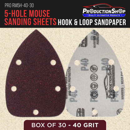 Premium 40 Grit 5-Hole Pattern Mouse Detail Sander Sandpaper Sheets, Box of 30 - Dustless Hook & Loop Triangle Shaped Mouse Disc Pads