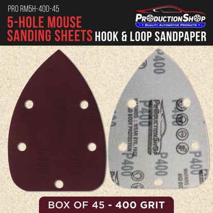 Premium 400 Grit 5-Hole Pattern Mouse Detail Sander Sandpaper Sheets, Box of 45 - Dustless Hook & Loop Triangle Shaped Mouse Disc Pads