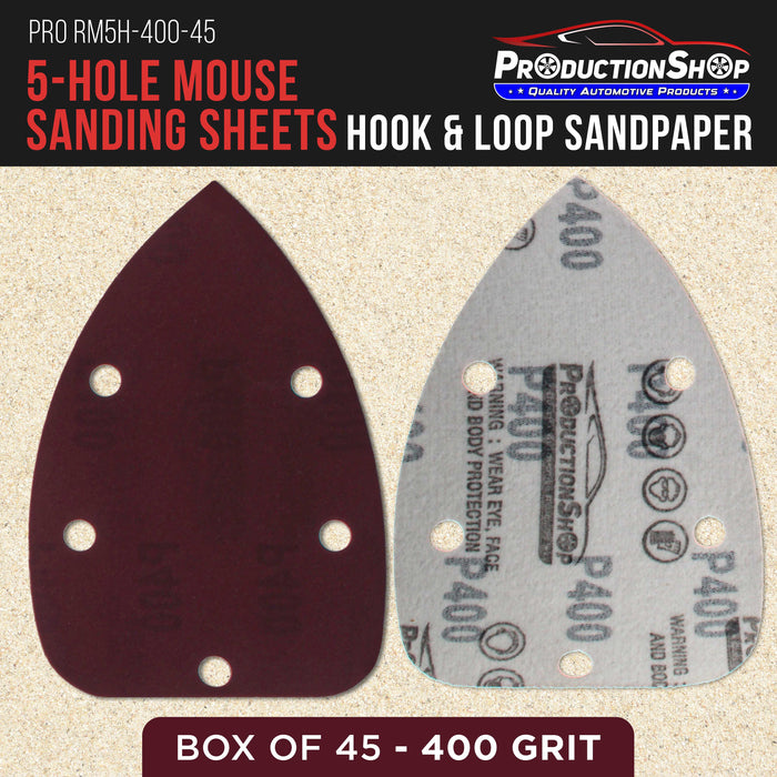 Premium 400 Grit 5-Hole Pattern Mouse Detail Sander Sandpaper Sheets, Box of 45 - Dustless Hook & Loop Triangle Shaped Mouse Disc Pads - Woodworking Tool Sand Wood Furniture Auto Paint