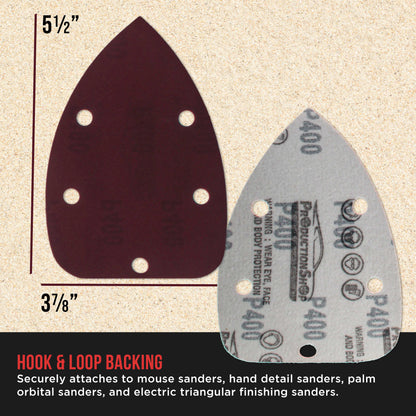 Premium 400 Grit 5-Hole Pattern Mouse Detail Sander Sandpaper Sheets, Box of 45 - Dustless Hook & Loop Triangle Shaped Mouse Disc Pads