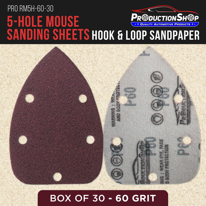 Premium 60 Grit 5-Hole Pattern Mouse Detail Sander Sandpaper Sheets, Box of 30 - Dustless Hook & Loop Triangle Shaped Mouse Disc Pads - Woodworking Tool Sand Wood Furniture, Auto Paint