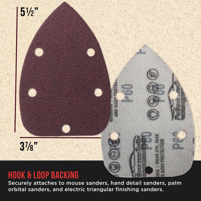 Premium 60 Grit 5-Hole Pattern Mouse Detail Sander Sandpaper Sheets, Box of 30 - Dustless Hook & Loop Triangle Shaped Mouse Disc Pads - Woodworking Tool Sand Wood Furniture, Auto Paint