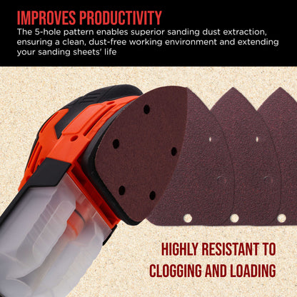 Premium 60 Grit 5-Hole Pattern Mouse Detail Sander Sandpaper Sheets, Box of 30 - Dustless Hook & Loop Triangle Shaped Mouse Disc Pads