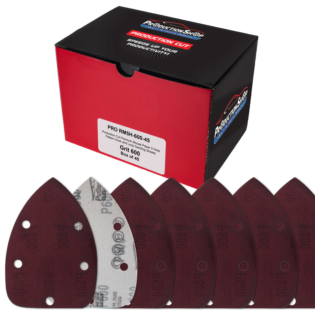 Premium 600 Grit 5-Hole Pattern Mouse Detail Sander Sandpaper Sheets, Box of 45 - Dustless Hook & Loop Triangle Shaped Mouse Disc Pads