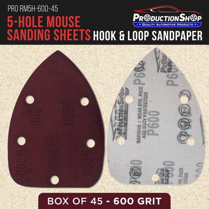 Premium 600 Grit 5-Hole Pattern Mouse Detail Sander Sandpaper Sheets, Box of 45 - Dustless Hook & Loop Triangle Shaped Mouse Disc Pads