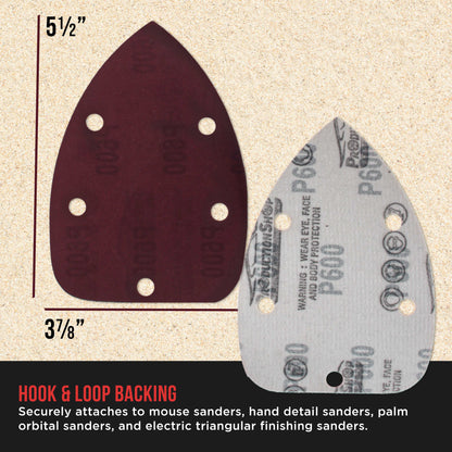 Premium 600 Grit 5-Hole Pattern Mouse Detail Sander Sandpaper Sheets, Box of 45 - Dustless Hook & Loop Triangle Shaped Mouse Disc Pads