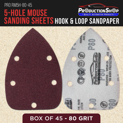 Premium 80 Grit 5-Hole Pattern Mouse Detail Sander Sandpaper Sheets, Box of 45 - Dustless Hook & Loop Triangle Shaped Mouse Disc Pads