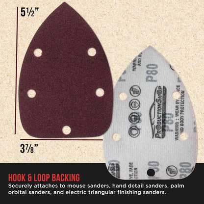 Premium 80 Grit 5-Hole Pattern Mouse Detail Sander Sandpaper Sheets, Box of 45 - Dustless Hook & Loop Triangle Shaped Mouse Disc Pads