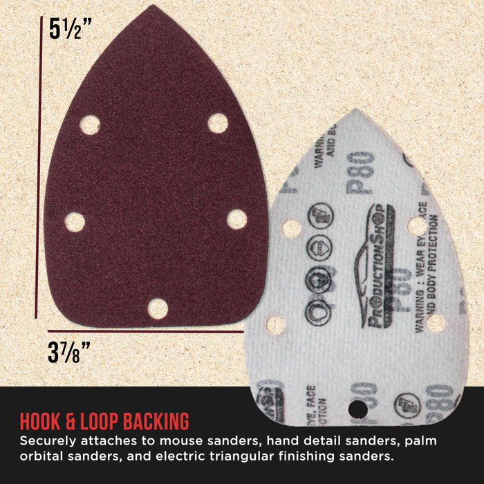 Premium 80 Grit 5-Hole Pattern Mouse Detail Sander Sandpaper Sheets, Box of 45 - Dustless Hook & Loop Triangle Shaped Mouse Disc Pads - Woodworking Tool Sand Wood Furniture, Auto Paint