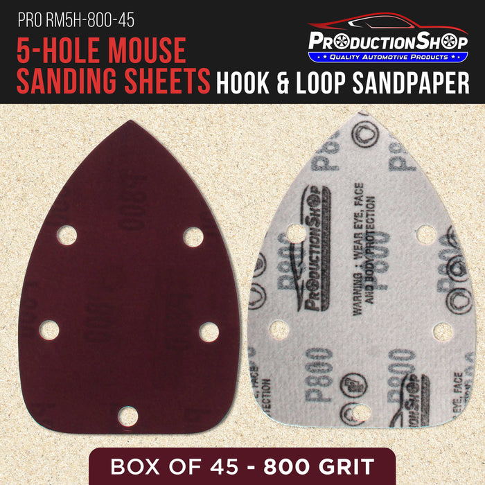 Premium 800 Grit 5-Hole Pattern Mouse Detail Sander Sandpaper Sheets, Box of 45 - Dustless Hook & Loop Triangle Shaped Mouse Disc Pads - Woodworking Tool Sand Wood Furniture Auto Paint