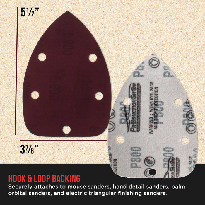 Premium 800 Grit 5-Hole Pattern Mouse Detail Sander Sandpaper Sheets, Box of 45 - Dustless Hook & Loop Triangle Shaped Mouse Disc Pads - Woodworking Tool Sand Wood Furniture Auto Paint