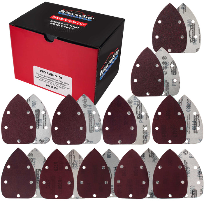 Premium 5-Hole Pattern Mouse Detail Sander Sandpaper Sheets, 100 Disc Variety Pack, Grits 40, 60, 80, 100, 150, 180, 220, 320, 400, 600, 800 - Hook & Loop Disc - Woodworking Furniture