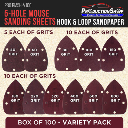 Premium 5-Hole Pattern Mouse Detail Sander Sandpaper Sheets, 100 Disc Variety Pack, Grits 40, 60, 80, 100, 150, 180, 220, 320, 400, 600, 800 - Hook & Loop Disc