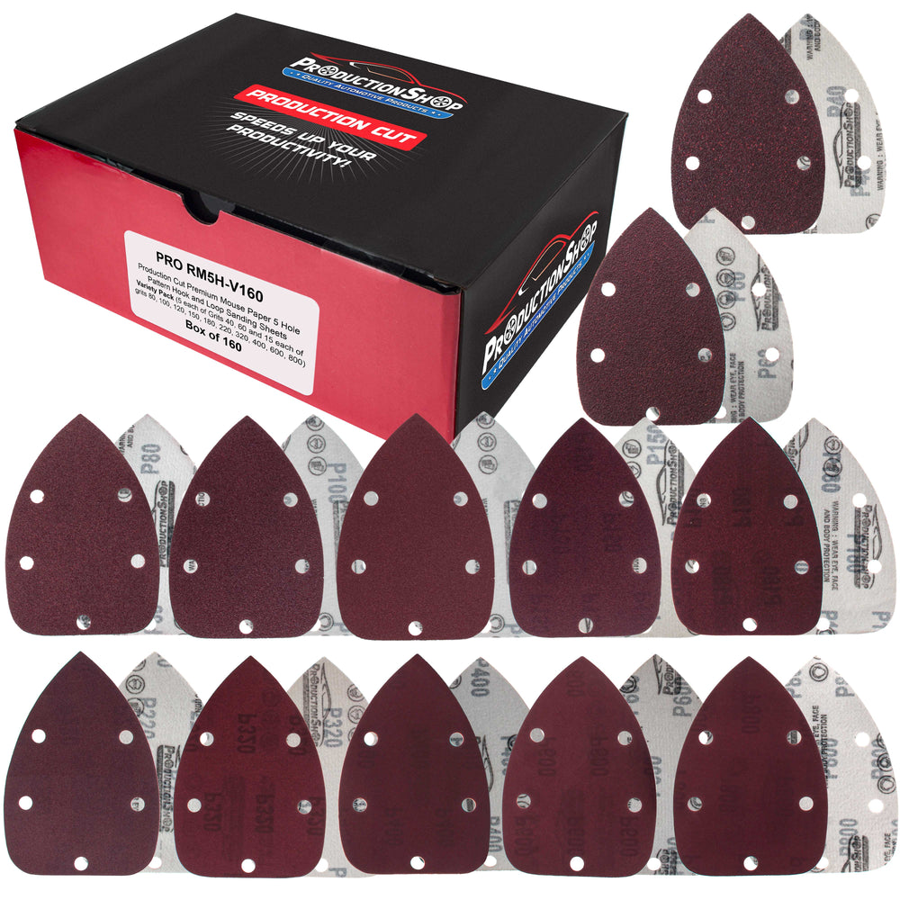 Premium 5-Hole Pattern Mouse Detail Sander Sandpaper Sheets, 160 Disc Variety Pack, Grits 40, 60, 80, 100, 120, 150, 180, 220, 320, 400, 600, 800 - Hook & Loop - Woodworking Furniture