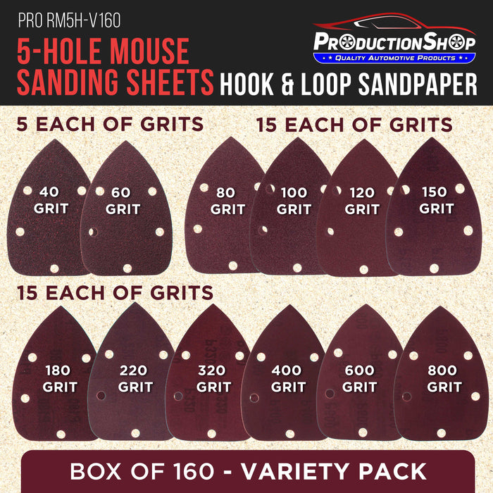 Premium 5-Hole Pattern Mouse Detail Sander Sandpaper Sheets, 160 Disc Variety Pack, Grits 40, 60, 80, 100, 120, 150, 180, 220, 320, 400, 600, 800 - Hook & Loop - Woodworking Furniture