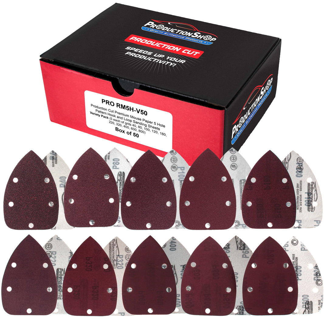 Premium 5-Hole Pattern Mouse Detail Sander Sandpaper Sheets, 50 Disc Variety Pack, Grits 40, 80, 100, 120, 180, 220, 320, 400, 600, 800 - Hook & Loop Disc Pads