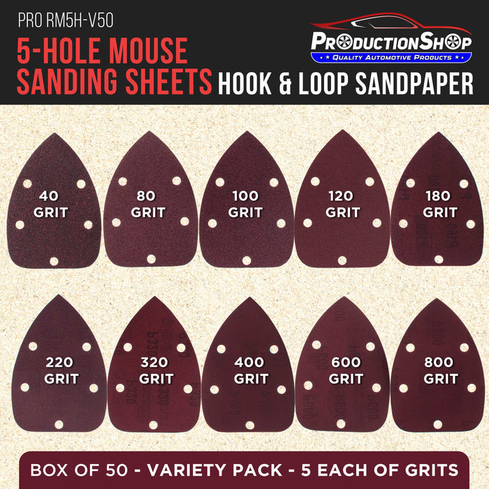 Premium 5-Hole Pattern Mouse Detail Sander Sandpaper Sheets, 50 Disc Variety Pack, Grits 40, 80, 100, 120, 180, 220, 320, 400, 600, 800 - Hook & Loop Disc Pads - Woodworking Furniture