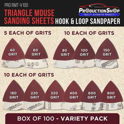 Premium Triangle Mouse Detail Sander Sandpaper Sheets, 100 Disc Variety Pack, Grits 40, 60, 80, 100, 150, 180, 220, 320, 400, 600, 800 - Hook & Loop Disc
