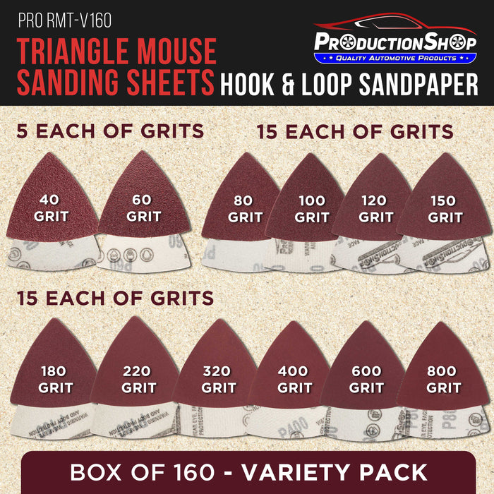 Premium Triangle Mouse Detail Sander Sandpaper Sheets, 160 Disc Variety Pack, Grits 40, 60, 80, 100, 120, 150, 180, 220, 320, 400, 600, 800 - Hook & Loop - Woodworking Furniture Tools