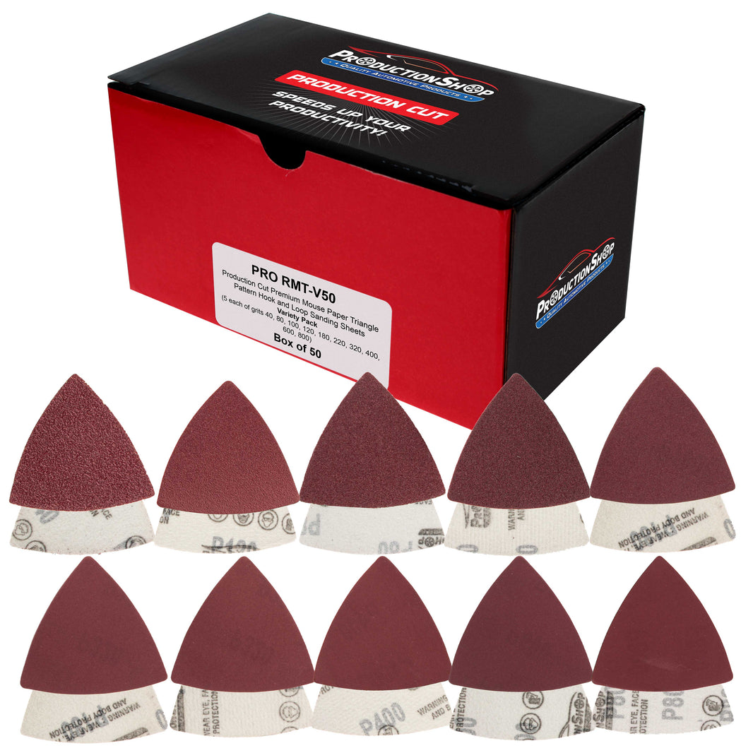 Premium Triangle Mouse Detail Sander Sandpaper Sheets, 50 Disc Variety Pack, Grits 40, 80, 100, 120, 180, 220, 320, 400, 600, 800 - Hook & Loop Disc Pads