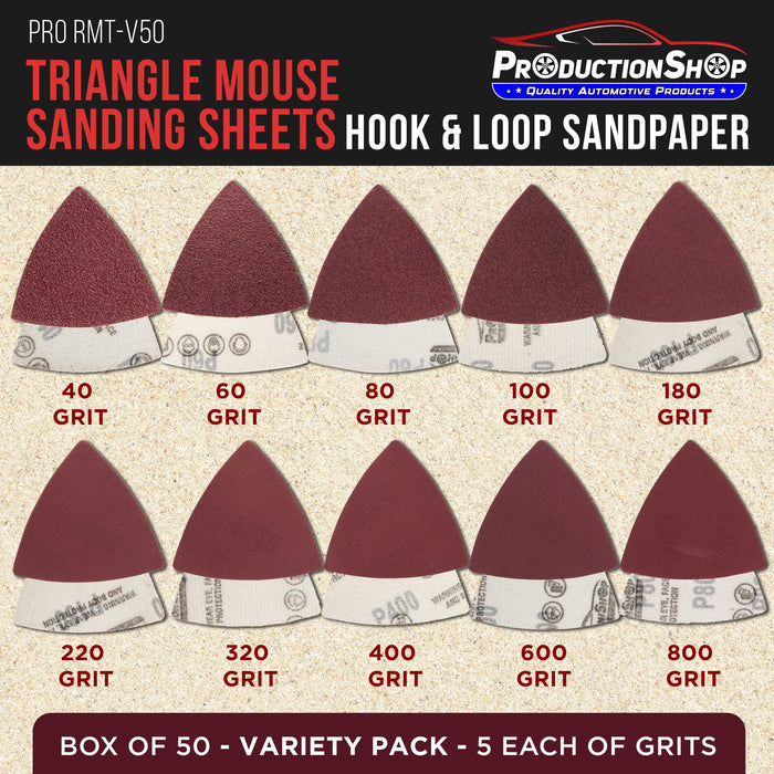 Premium Triangle Mouse Detail Sander Sandpaper Sheets, 50 Disc Variety Pack, Grits 40, 80, 100, 120, 180, 220, 320, 400, 600, 800 - Hook & Loop Disc Pads - Woodworking Furniture, Paint