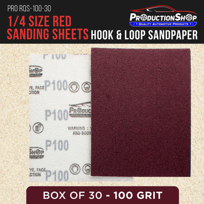 Premium Red 100 Grit 1/4 Sheet Size Red Sanding Sheets, Box of 30 - Hook & Loop Backing Sandpaper, Coarse-Cut Abrasive - Fits Palm Sanders, Hand Sanding Blocks