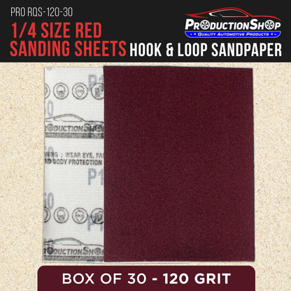 Premium Red 120 Grit 1/4 Sheet Size Red Sanding Sheets, Box of 30 - Hook & Loop Backing Sandpaper, Medium-Cut Abrasive - Fits Palm Sanders, Hand Sanding Blocks