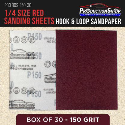 Premium Red 150 Grit 1/4 Sheet Size Red Sanding Sheets, Box of 30 - Hook & Loop Backing Sandpaper, Medium-Cut Abrasive - Fits Palm Sanders, Hand Sanding Blocks
