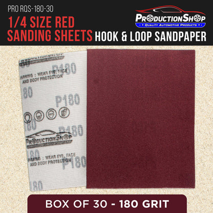 Premium Red 180 Grit 1/4 Sheet Size Red Sanding Sheets, Box of 30 - Hook & Loop Backing Sandpaper, Medium-Cut Abrasive - Fits Palm Sanders, Hand Sanding Blocks