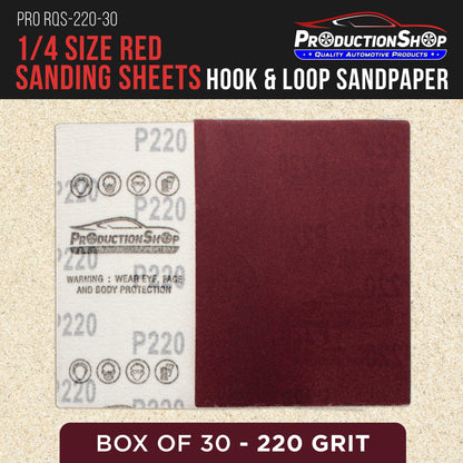 Premium Red 220 Grit 1/4 Sheet Size Red Sanding Sheets, Box of 30 - Hook & Loop Backing Sandpaper, Fine-Cut Abrasive - Fits Palm Sanders, Hand Sanding Blocks