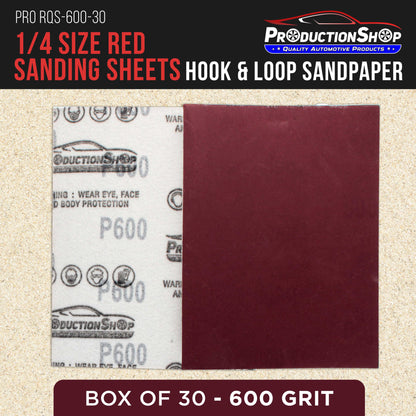 Premium Red 600 Grit 1/4 Sheet Size Red Sanding Sheets, Box of 30 - Hook & Loop Backing Sandpaper, Fine-Cut Abrasive - Fits Palm Sanders, Hand Sanding Blocks